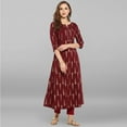 thumbnail image 3 of Janasya Indian V-Neck 3/4 Sleeve Gold Print Maroon Cotton Kurta For Women, 3 of 8