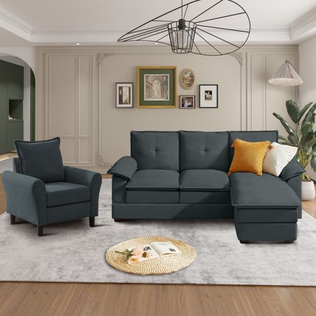 Pingliang Home Furniture Sofa Set,Convertible Sectional Sofa with Reversible Ottoman and Accent Chair,3 Seat L-shaped Couch with Zippered Armrest and Armchair for Home Living Room Apartment Office