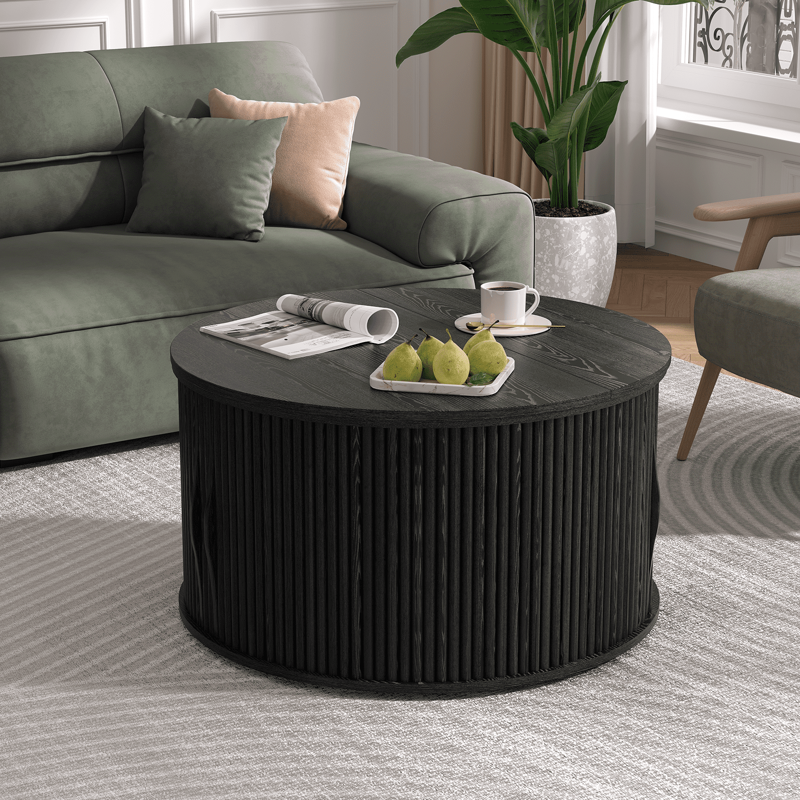 JOINICE Round Coffee Table with Lift Top,Mid Century Modern Wood Drum Center Table with Storage,for Living Room,Black
