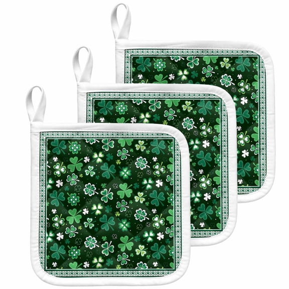 Green, Pot Holders for Kitchen Heatproof Potholder, 3 Pack St. Patrick's Day Shamrock Spring Checkered Hot Pads Multipurpose Oven Pads Cloth Potholders Trivet for Cooking Baking