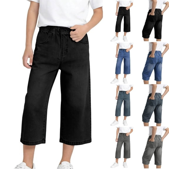 WPPGONE Girls Capri Jeans Straight Wide Leg Denim Elastic Waisted Loose Fit Cropped Child Bottoms Summer Casual Fashion Trousers with Pockets