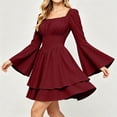 thumbnail image 5 of KICILVS Halloween Dresses for Women Plain Square Neck Flare Sleeve Dress Ruched Bust Layered Hemline Mini Party Gown Purple, 5 of 8