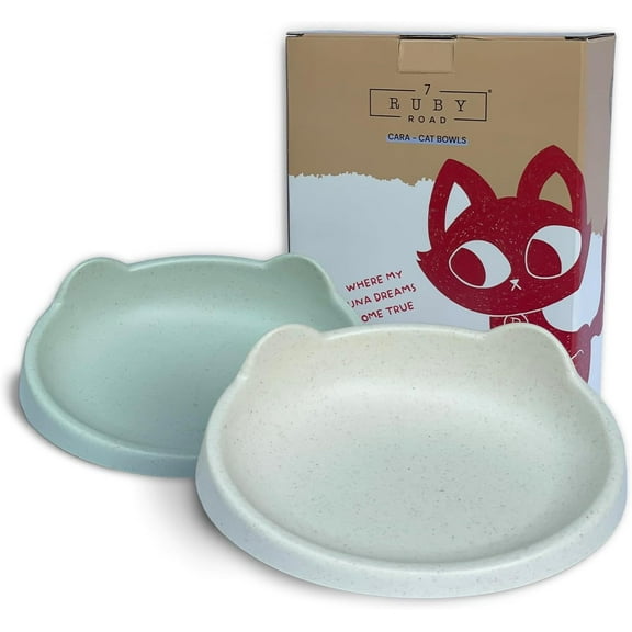 7 Ruby Road Anti Whisker Fatigue Cat Bowl, Set of 2 - Wide Food Bowls, Wet and Dry Shallow Food Dish, Small Cat Dishes for Indoor Cats, Cute Kitten Bowls Whisker Friendly & Relief, Non-Slip Plates
