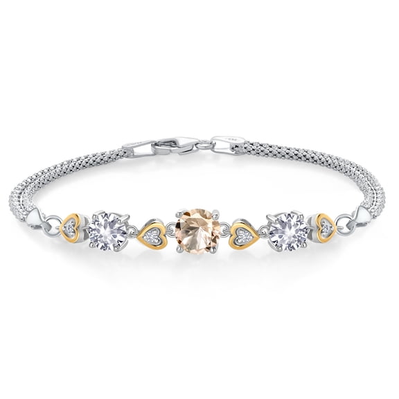 925 Sterling Silver and 10k Yellow Gold Peach Morganite White Created Sapphire and White Lab Grown Diamond Bracelet for Women (3.23 Cttw, Round 7MM and 6MM, 6.5/7/7.5 inch, Made in Italy)