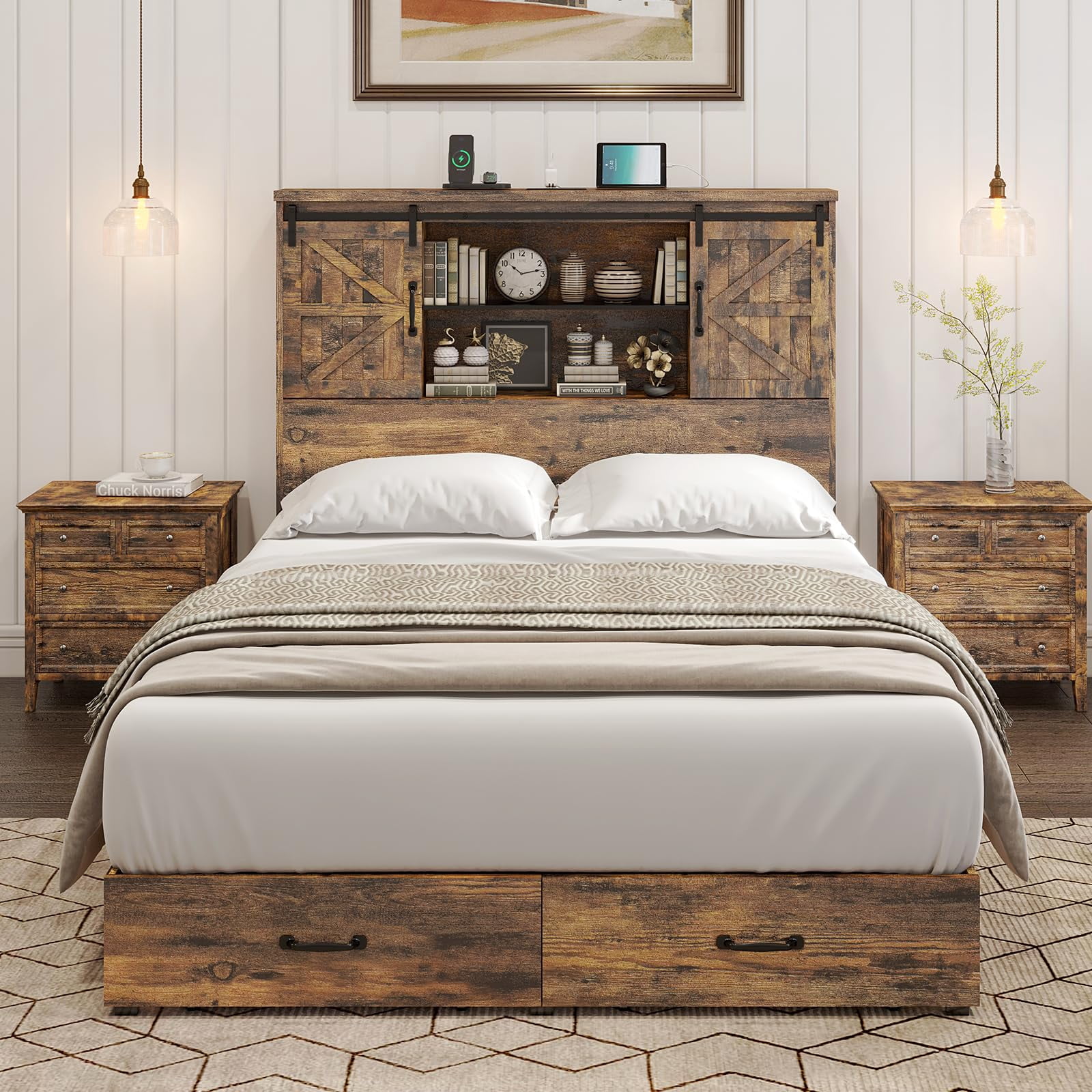 VanAcc Full Size Wooden Platform Storage Bed Frame with 51.2" Wood Bookcase Headboard(Rustic Brown)
