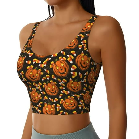 Haiem Quirky Corn Pumpkin Pattern Womens Sports Bra - U Neck Padded Low Impact Yoga Bra Workout Crop Top Gym Moisture-Wicking Workout Vest -Medium