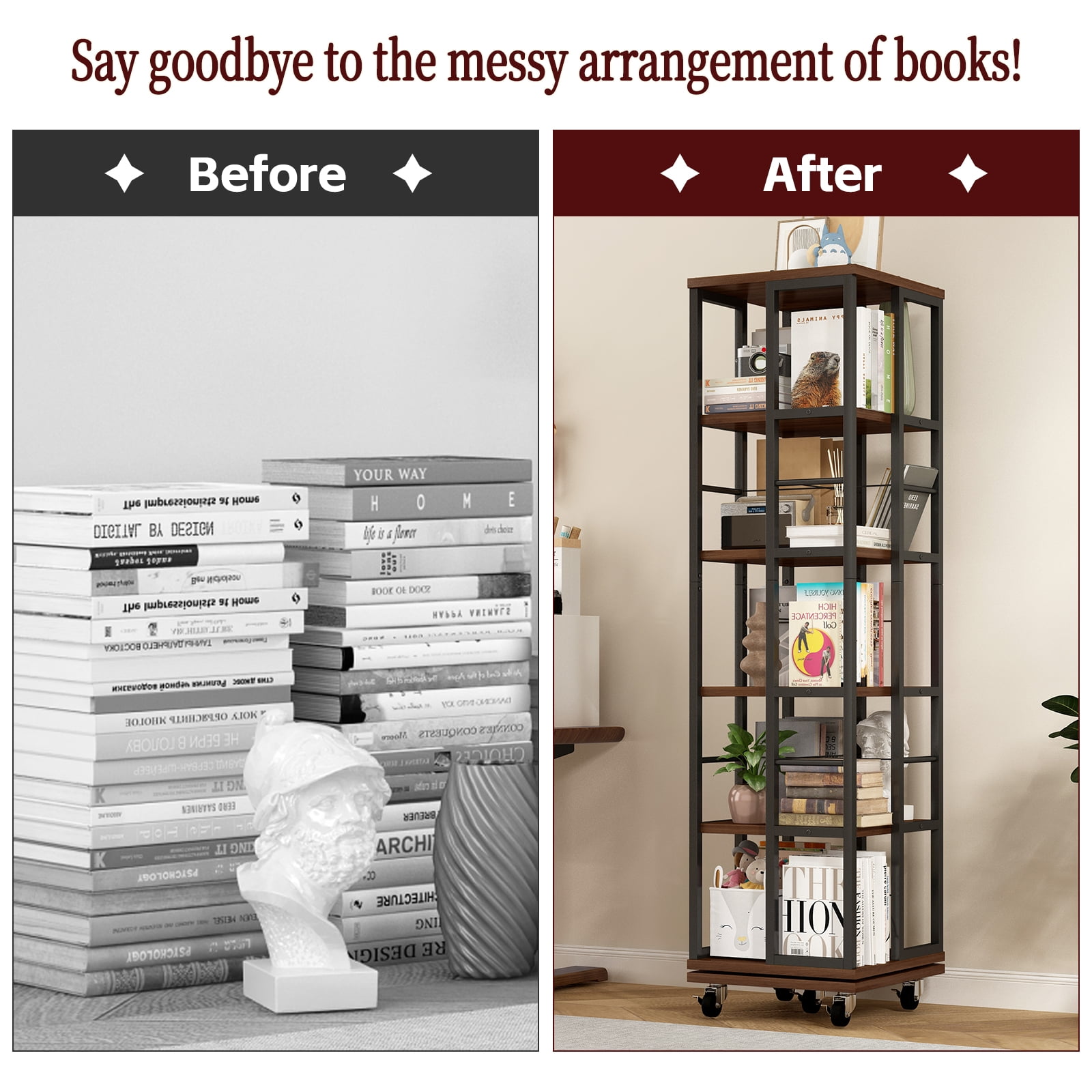 Display Shelves 5 Tiers Rotating Bookshelf, Corner Bookcase, 360 Display Wood Spinning Bookshelves, Floor Standing Bookcase Narrow Shelf, Rustic Brown,Wooden Display Shelves