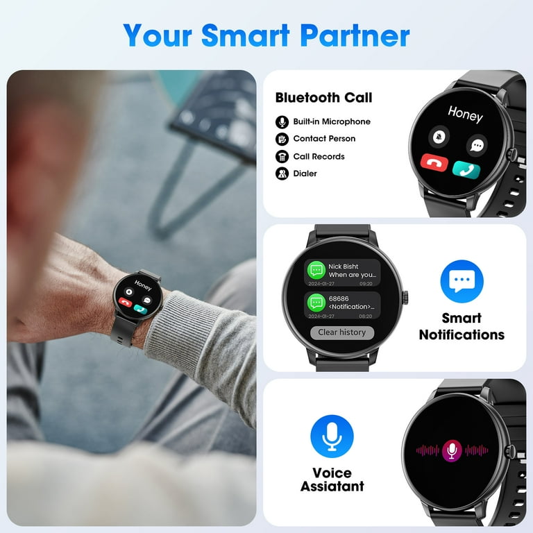 Mingwear 1.39 Inch Round Screen Men s and Women s Smartwatch with Fitness Tracker Talking 100 Exercise Modes IP67 Waterproof Fitness Watch for Android and iPhone Devices Black Walmart