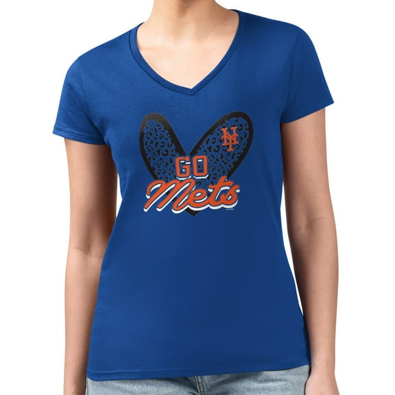 Women's G-III 4Her by Carl Banks Royal New York Mets Super-Slim Fit Lightweight Leopard Heart V-Neck T-Shirt