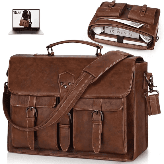 RAINSMORE Messenger Bag for Men 15.6 inch PU Leather Laptop Bag Large Vintage Briefcase Waterproof Computer Shoulder Bag for Office Work College, Brown
