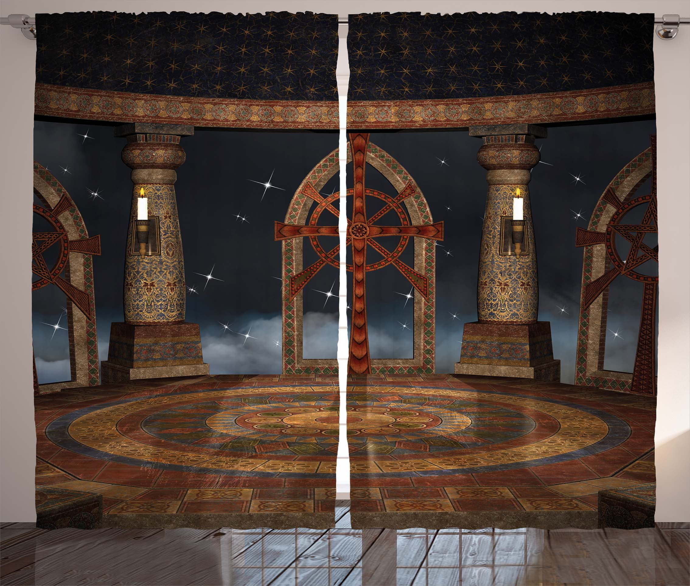 Medieval Decor Curtains 2 Panels Set, Gothic Temple in the Sky Large