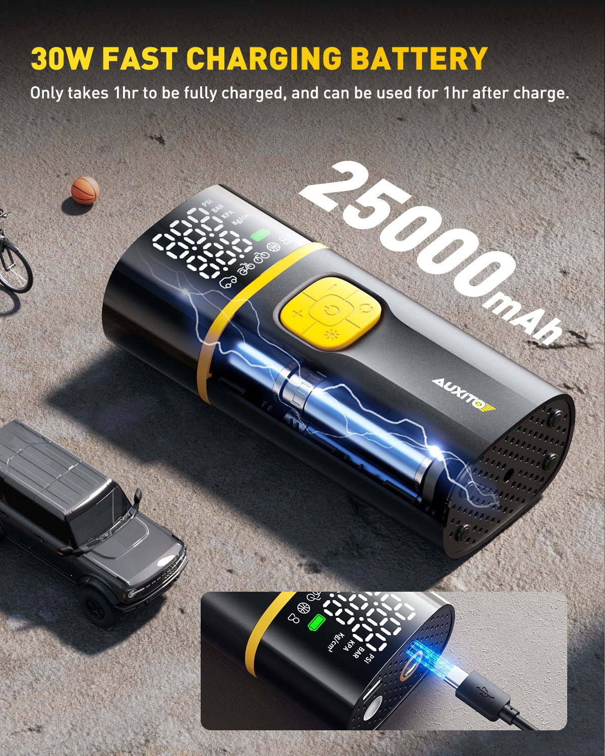AUXITO Tire Inflator Cordless Portable Air Compressor, 150PSI Air Pump for Car Tires with Digital Pressure Gauge, 25000 mAH Rechargeable Battery, Emergency LED Light for Car Motorcycle Bike Ball