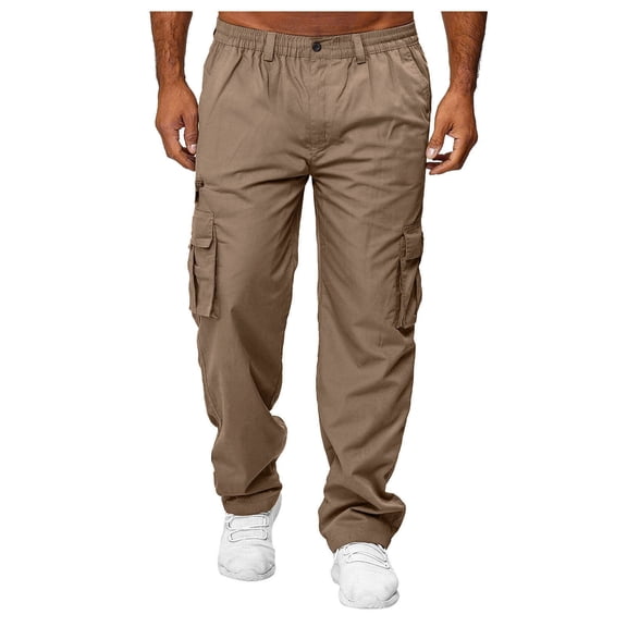 Domuza Men's Cotton Blend Cargo Pants Casual Stretch Pant Summer Trendy Hiking Jogger Outdoor Trousers with Multi Pockets Khaki L