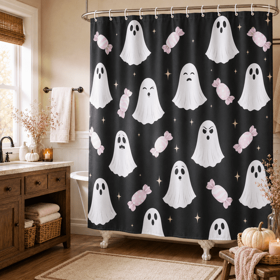 SEISSO Halloween Shower Curtain Candy Ghost Shower Curtain Set Water Repellent Shower Curtain for Bathroom 72" W x 72" L