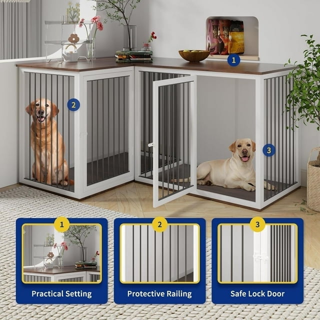 NEORIVER Large Dog Crate Furniture for 2 Dogs, 80.7" Large Dog Kennel Furniture with Dividers and Double Doors, All Steel Frame Double Dog Crate