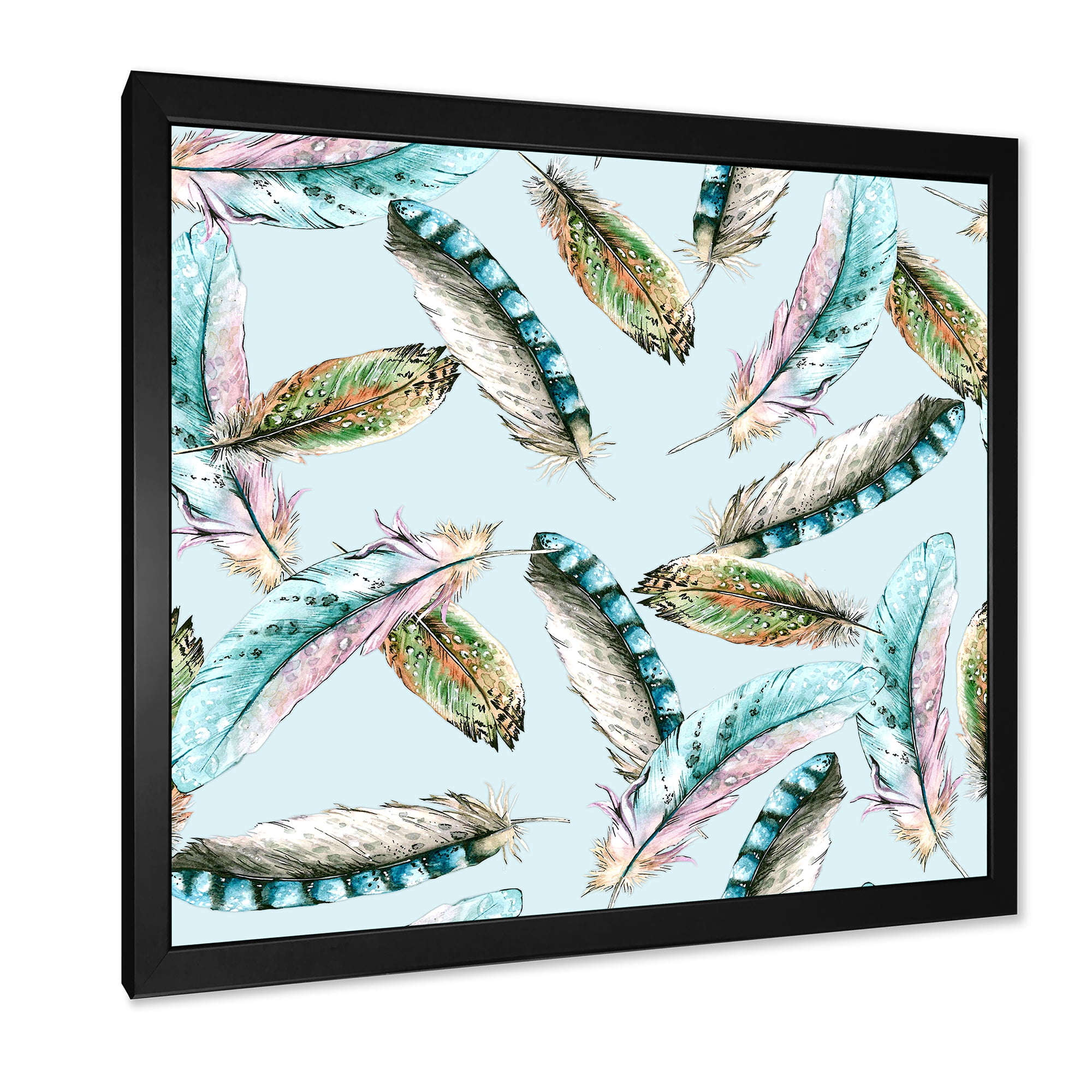 Designart 'Green Bird Feathers On Blue Background' Bohemian & Eclectic Framed Art Print