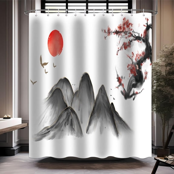 Japanese Shower Curtain, Ink Painting Shower Curtain, Red Sun Mountain Cherry Blossom Scenery Shower Curtain Set Waterproof Bath Curtain Bathroom Decor with 12 Hooks, 72x72 inches