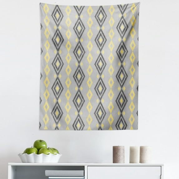 Grey Yellow Tapestry, Vertical Design Abstract Grunge Striped Look Tribal Ethnic Rhombus Look Shapes, Fabric Wall Hanging Decor for Bedroom Living Room Dorm, 5 Sizes, Mustard, by Ambesonne