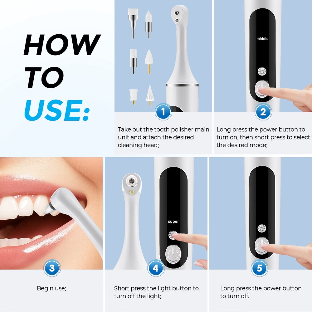 Electric Tooth Polisher, Teeth Whitening Cleaner, Plaque Dental Tartar Remover with 5 Speed Modes with 6 Brush Heads, LED Light, 10min Auto Shut Off, Rechargeable Teeth Cleaning Kit for Teeth Health