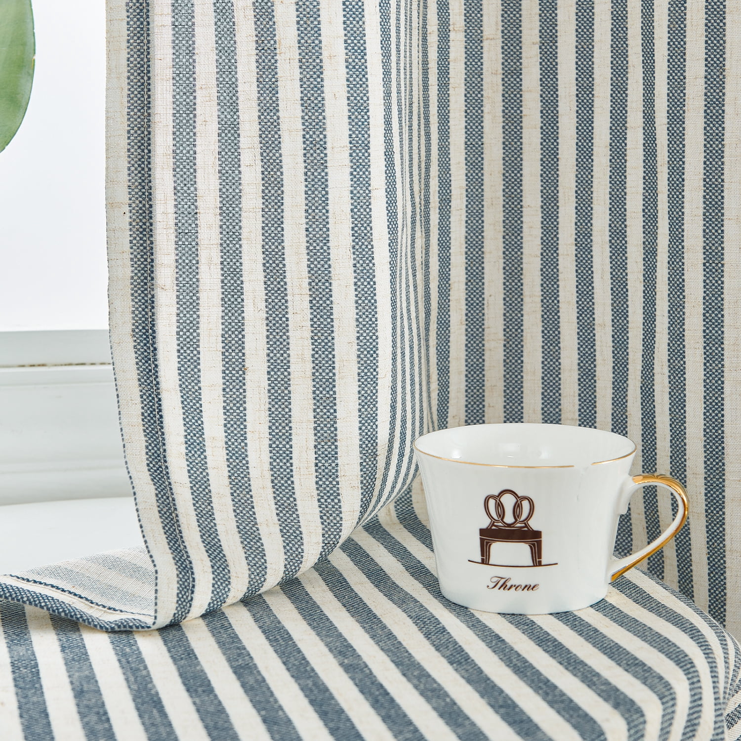 Curtainking Linen Striped Curtains 84 inch Farmhouse Light Filtering Drapes for Living Room Bedroom Grommet Top 2 Panels Blue
