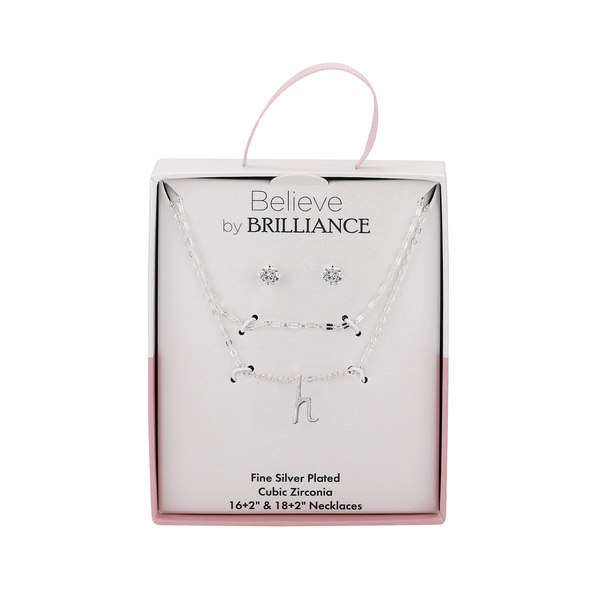 Believe by Brilliance Women's Initial H Slider Layered Necklace and Stud Set, 16+2"/18+2"