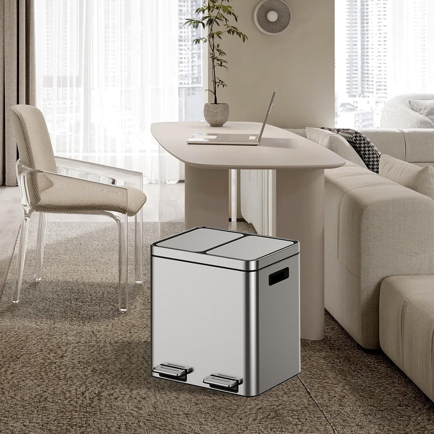 GOGRANT Kitchen Trash Can, 2 x 4 Gal Garbage Can, Stainless Steel Waste Bins for Recycling and Trash, 2 Compartments with Removable Inner Buckets, Step On Pedal, Quite-Close Lid, Silver