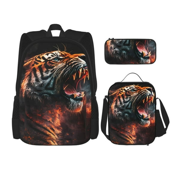 Kdxio Cool Tiger Print School Study Combo Set Backpack with Lunch Bag Pencil Case Oxford Lightweight Durable Travel Organization Kit