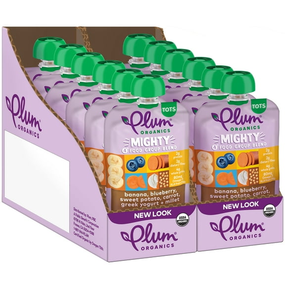 Plum Organics Mighty 4 Organic Toddler Food, Banana, Blueberry, Sweet Potato, Carrot, Greek Yogurt and Millet, 4 oz Pouch - Case of 12