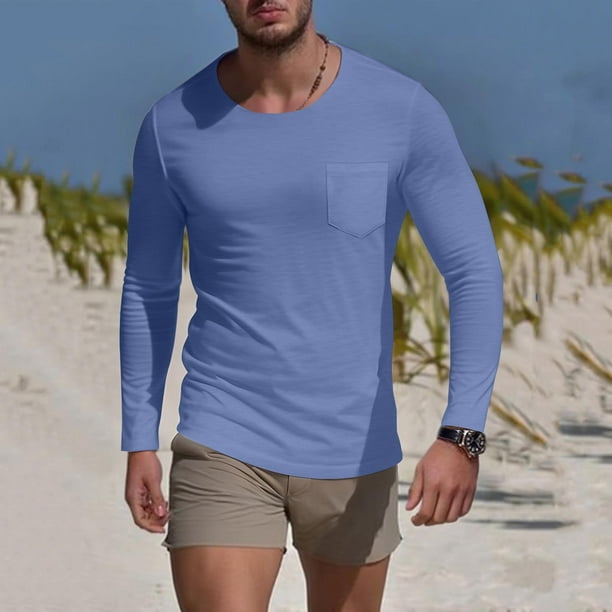 pstuiky Camisas de manga larga de invierno para hombre, Camiseta deportiva de manga larga con cuello redondo y bolsillo informal de colores sólidos para hombre camisetas de hombre l