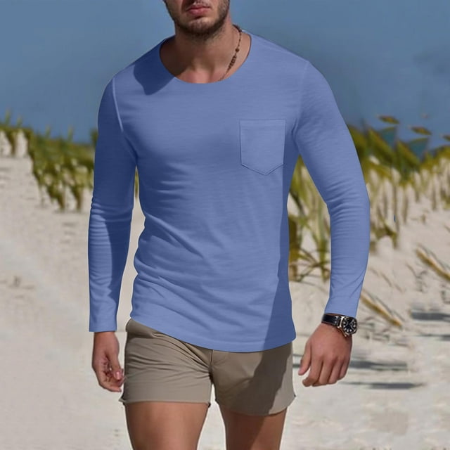 BLCHUNen Chemises en Lin pour Hommes Manches Longues Col Rond Chandail Ajusté Léger Respirant Tops d'Automne avec Poche