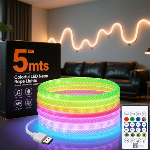Rope Lights, 16.4FT USB Powered noen Light,360 Degree Luminous neon Light, Suitable for in Door Game Rooms, Living Rooms, bedrooms, Wall Decoration, and Supports Music Synchronization