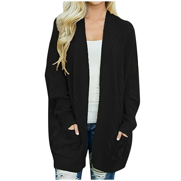 Odeerbi Cardigan for Women 2024 Cable Knit Open Front Cardigan Sweater Loose Slouchy Oversized Wrap Chunky Pocket Sweaters Coat Black