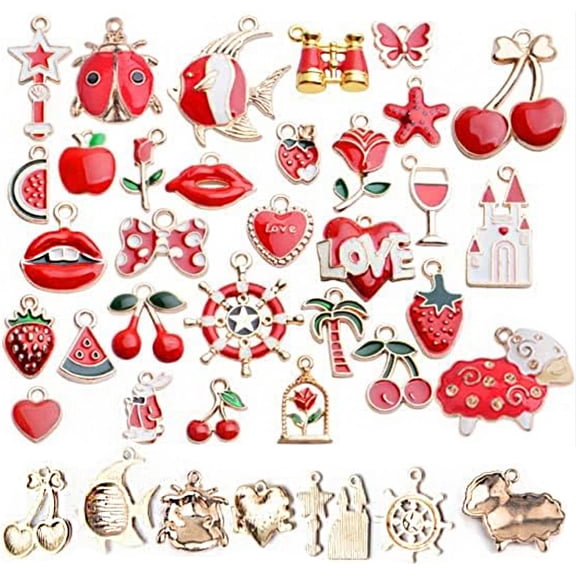 31pcs  Enamel Charms, Red Theme Mixed Cute Enamel Charms Gold Plated Enamel Pendants Star Fruit Flower Charms for Making Jewelry Necklace Bracelet Earring