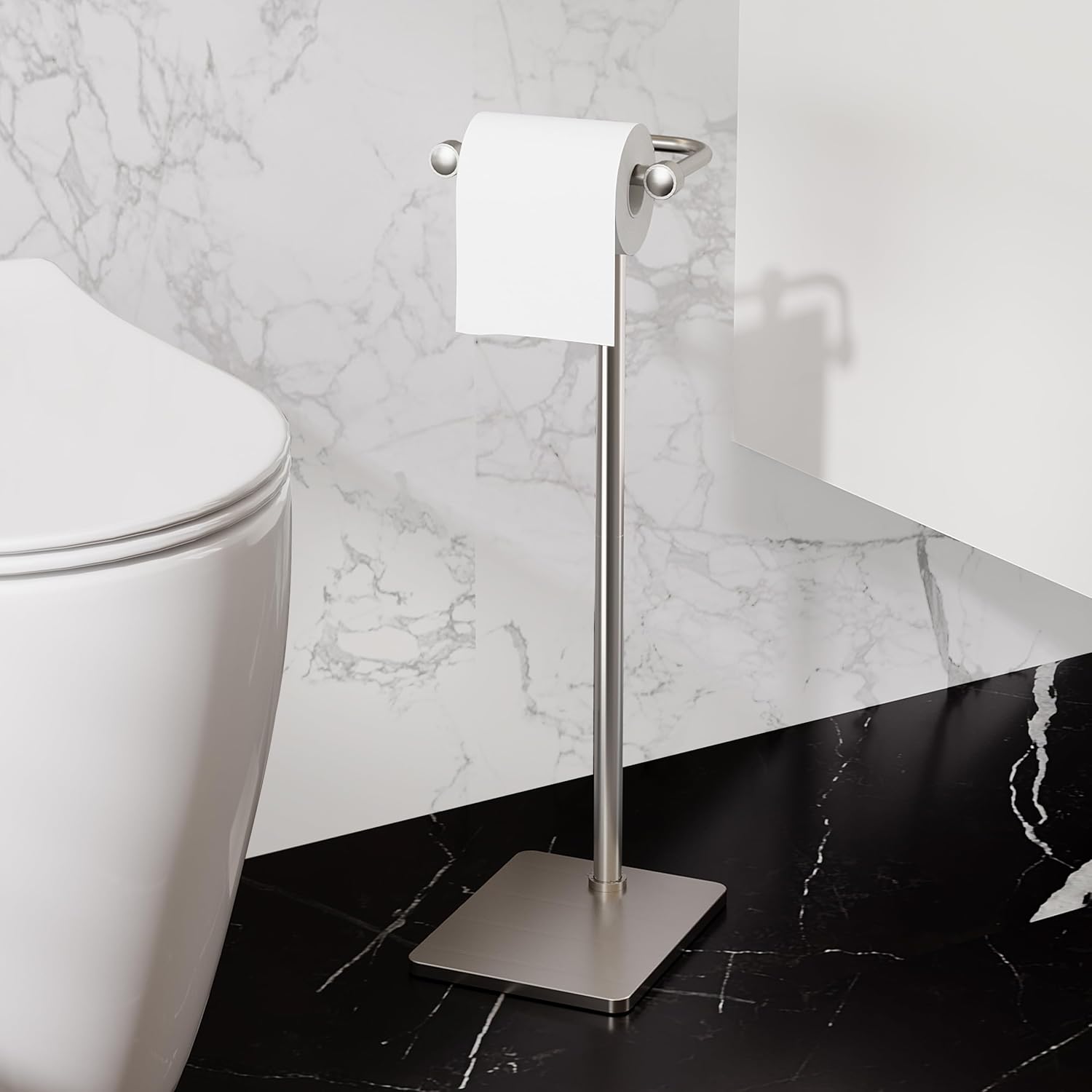 Toilet Paper Holder Stand, Bathroom Toilet Paper Roll Holder Free Standing, Toilet Tissue Holder Stand with Post Pivoting Design, Stable Weighted Base, SUS304 Stainless Steel (Brushed Nickel)