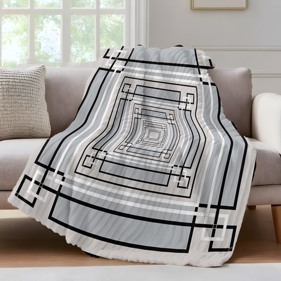 Black White Grey Geometric Fleece Throw Blanket for Couch, Modern Abstract Art Microfiber Flannel Blanket for All Season, Lightweight Soft Throw Blankets for Bed, Sofa, Travel, 50"x60"