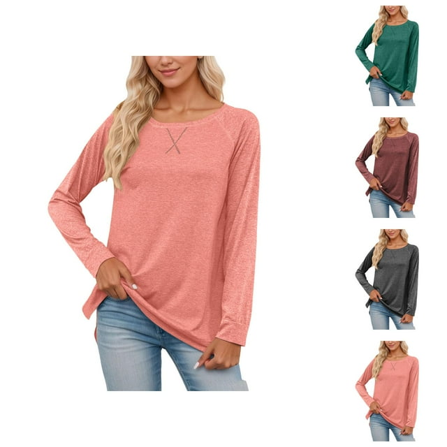 Womens Long Sleeve Shirts 2026 Spring Fashion Crewneck Raglan Sleeve Relaxed Fit Casual Basic T Shirts