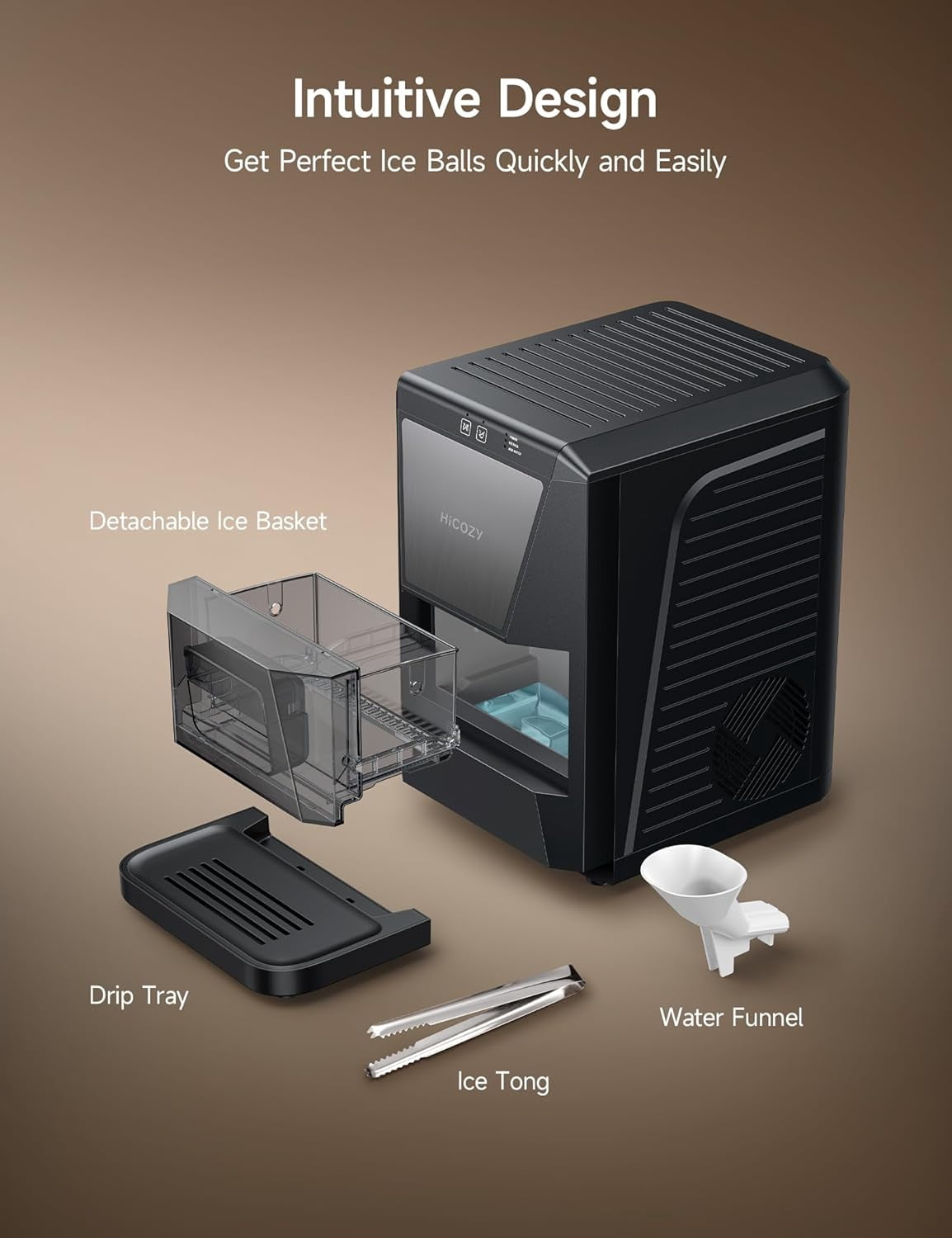 HiCOZY Ice Maker Clear Ice Ball Maker Countertop, Sphere Ice Maker with IcyGem Technology, 2 Ice Balls in 60Mins, 40 pcs/Day, Self-Cleaning Ice Machine with Ice Tong for Cocktails, Whiskey & Bourbon