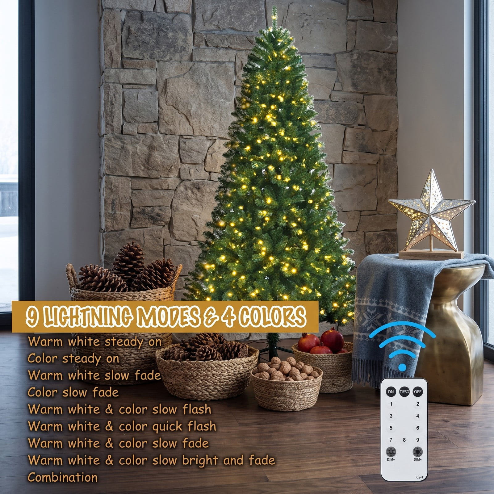 RUIE 8FT Pre-Lit Artificial Hinged Christmas Tree with 600 Remote-Controlled Color-Changing LED Lights, 1605 Tips Full Xmas Holiday Tree with Metal Stand, Green