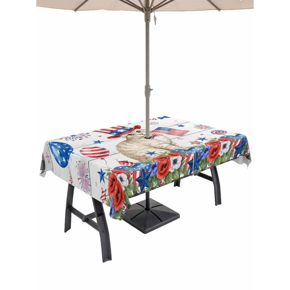 Outdoor Tablecloth with Umbrella Hole for Patio/Picnic/Party/Camping, 4th of July Waterproof Table Cloth Rectangle Table Cover Washable, Independence Day Patriotic Flowers Cat Grey (52"x 70")