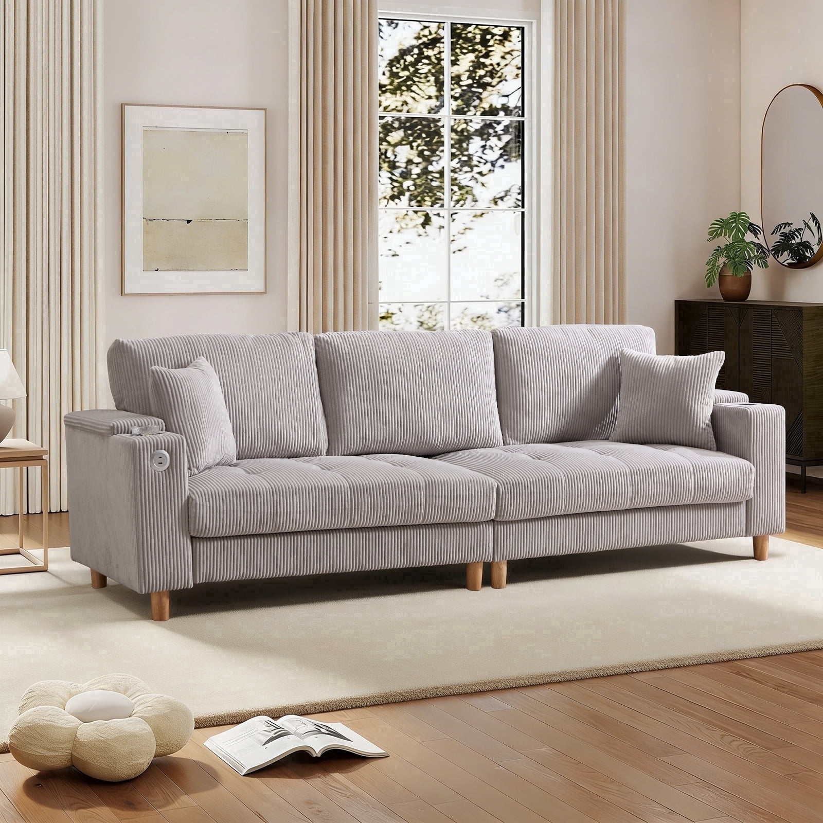Bonzy Home 100 inch Modern Corduroy 3-Seater Sofa, Oversized Comfy Couch with USB Charging Port, Hidden Storage, Overstuffed Backrest & Throw Pillows, Gray