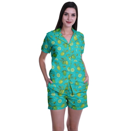 Moomaya Cotton Shorts Pj Set For Women Notch Collar Short Sleeve Nightdress