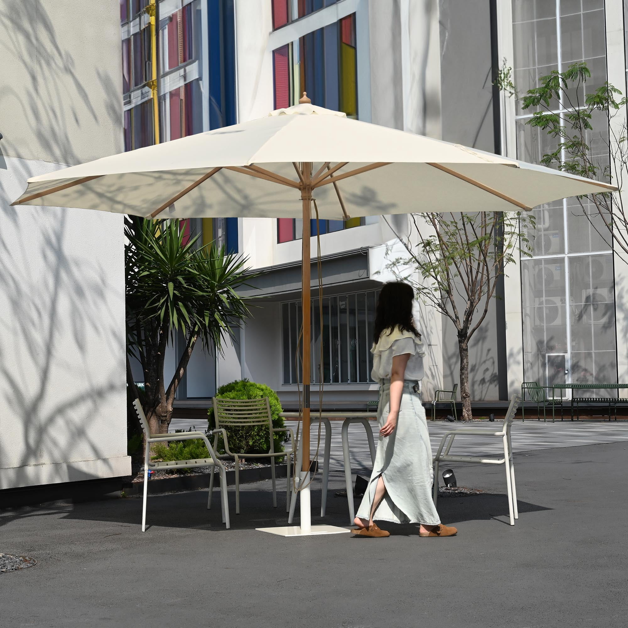 Yescom 13FT Large Wooden Outdoor Patio Umbrella Solid German Beech Pole Rope Pulley Lift for Deck Pool Backyard Garden Market Beach Parasol,Ivory