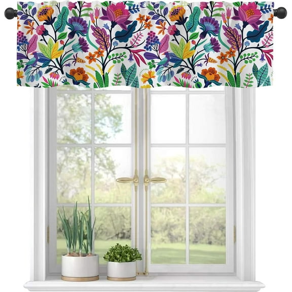 Valances for Windows, Bright Colorful Flowers Semi Sheer Valances Windows Curtain, Rod Pocket Short Window Treatment Light Filtering Decor Valances for Kitchen Living Room Bedroom Windows - 54"x18"