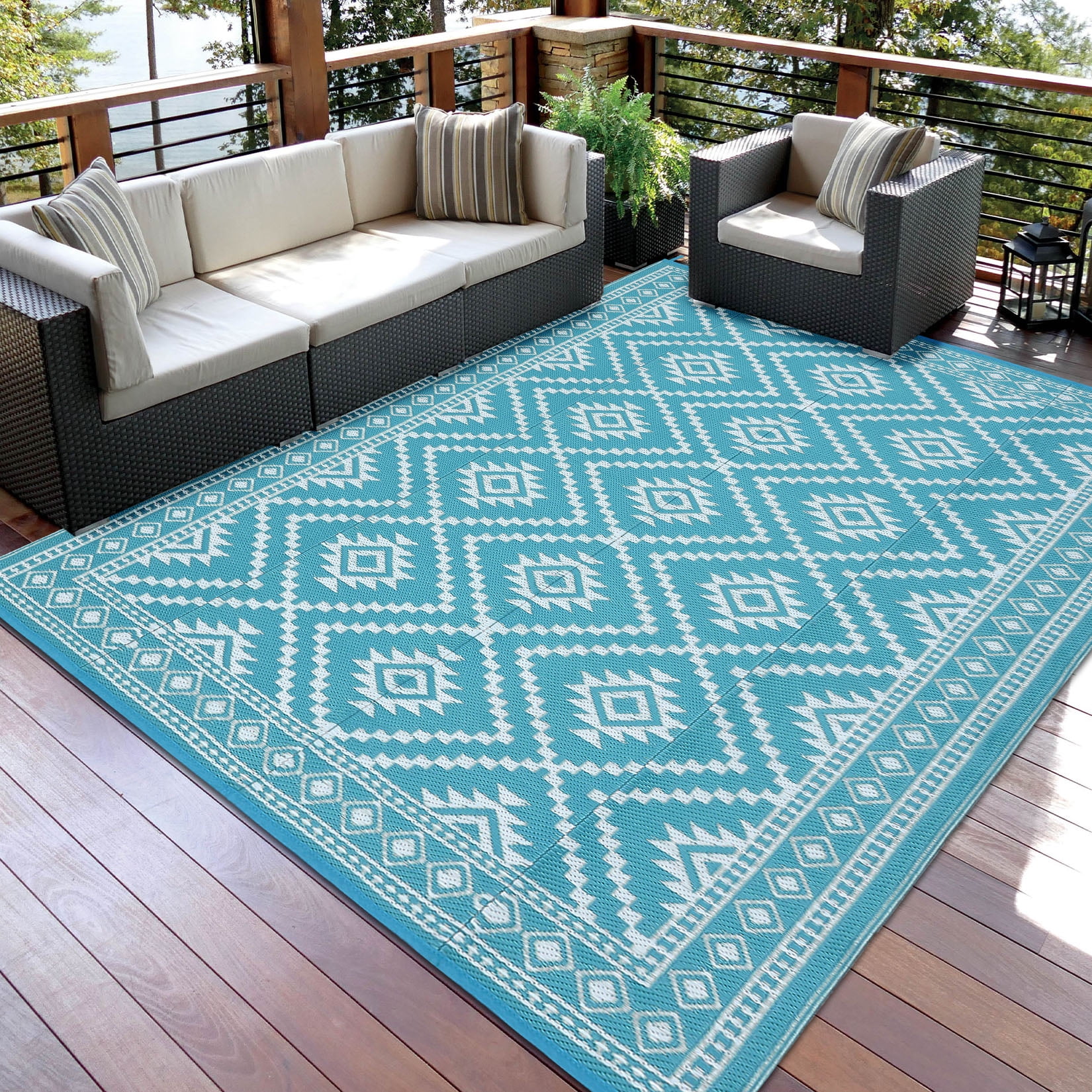 GlowSol 8x10 Outdoor Rug for Picnic Beach Deck-Outdoor Waterproof Patio Rug Indoor Outdoor Boho Geometric Area Rug Reversible Rug, Light Blue/White