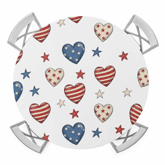Independence Day Round Table Cover, Patriotic Watercolor Red Stripe Blue Love Heart Star Waterproof Fitted Tablecloths for 36"-44" Tables, Washable Picnic Table Cover for Dining Indoor Outdoor