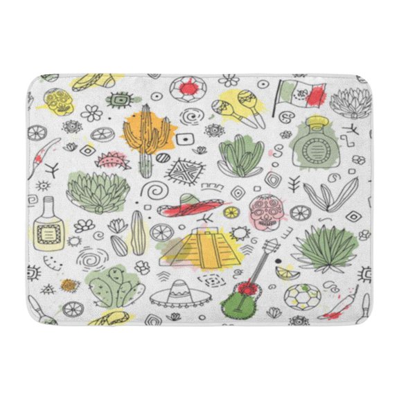 SIDONKU Doodles of Mexico Temple Kukulkan Tequila Sombrero Agave Maracas Doormat Floor Rug Bath Mat 23.6x15.7 inch