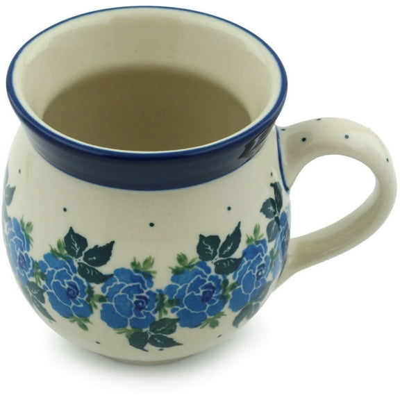 Polish Pottery Bubble Mug 12oz Polmedia Blue Rose Theme Hand Painted in Boleslawiec, Poland Certificate of Authenticity
