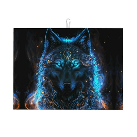 

Dish Drying Mats for Kitchen Counter - Cool Blue Light Wolf 18x24in Dish Drying Pad Coffee Mat with Hanging Loop Super Absorbent Kitchen Counter Mat Coffee Bar Accessories