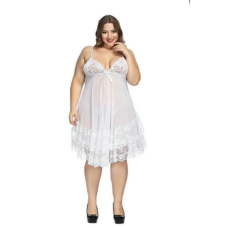 Naughtyhood Women Plus Size Underwear Chemise Flower Lace Lingerie V-Neck Sleepwear with Bowknot