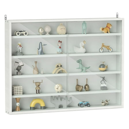 White Display Cabinet with Glass Doors, Wall Mounted - 5 Tier Adjustable Shelves for Collectibles, Figurines, Home Decor